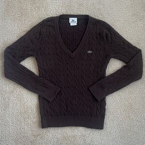 Lacoste V-neck Cable Knit Sweater in Brown Women's 38